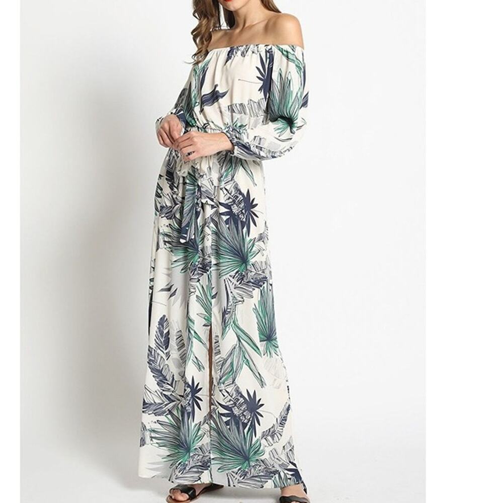 NEW Boho Tropical Palm Print Off Shoulder Maxi Dress 3/4 Sleeve TieWaist S White